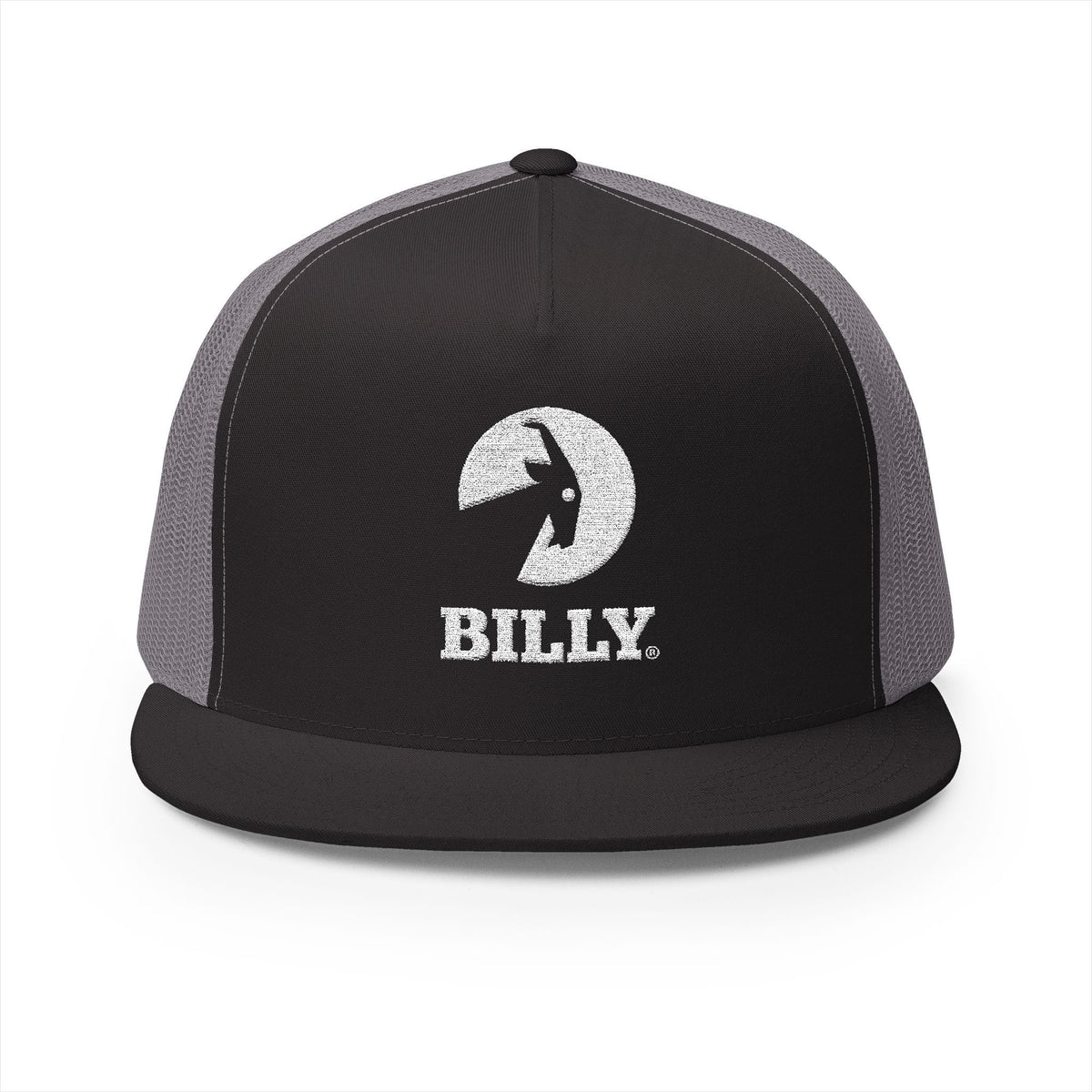 BILLY 5 Panel Flat Bill Trucker Cap (White Vertical Logo - Embroidery) — AVAILABLE IN 13 COLORS
