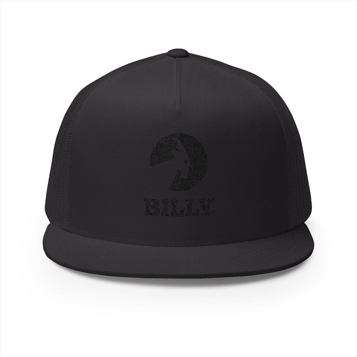BILLY 5 Panel Flat Bill Trucker Cap (Black Vertical Logo - Embroidery) — AVAILABLE IN 10 COLORS