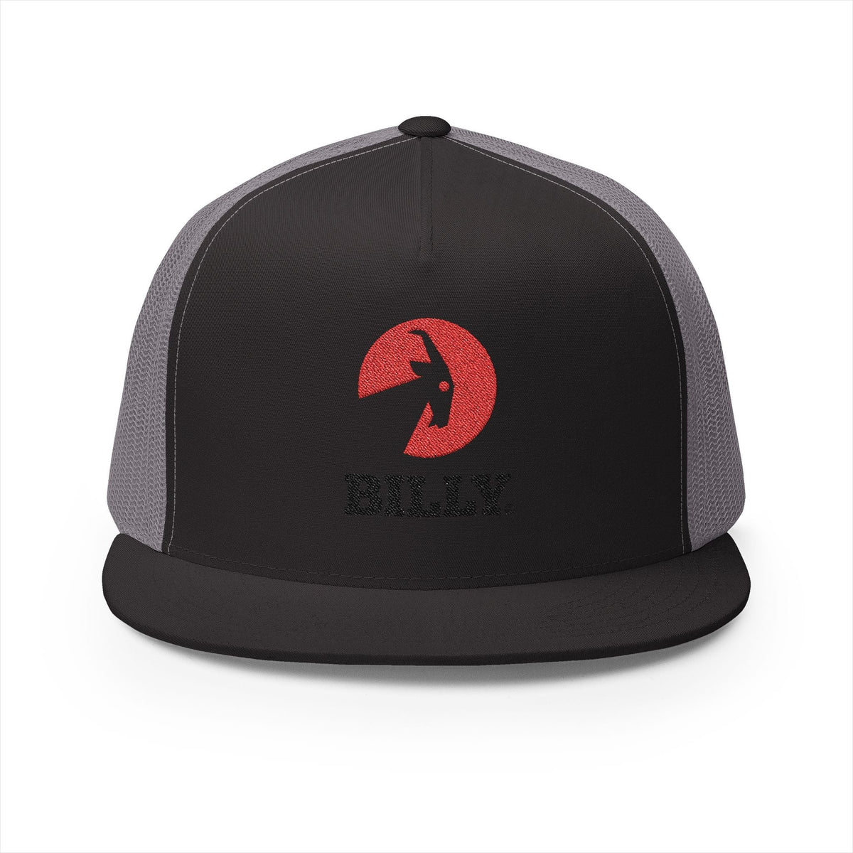 BILLY 5 Panel Flat Bill Trucker Cap (Red/Black Vertical Logo - Embroidery) — AVAILABLE IN 12 COLORS