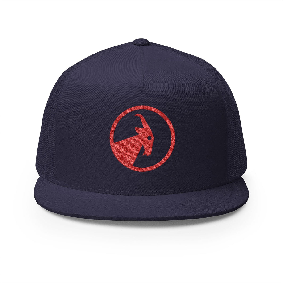 BILLY 5 Panel Flat Bill Trucker Cap (Red Goat - Embroidery) — AVAILABLE IN 13 COLORS