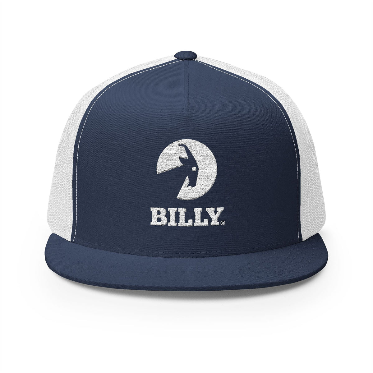 BILLY 5 Panel Flat Bill Trucker Cap (White Vertical Logo - Embroidery) — AVAILABLE IN 13 COLORS