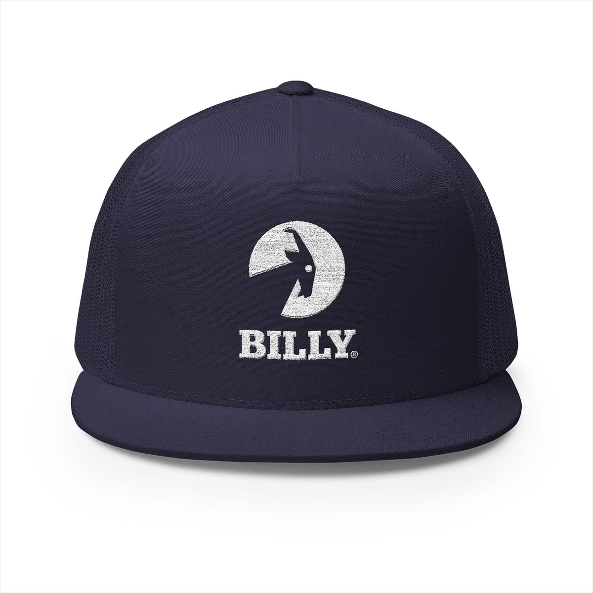 BILLY 5 Panel Flat Bill Trucker Cap (White Vertical Logo - Embroidery) — AVAILABLE IN 13 COLORS