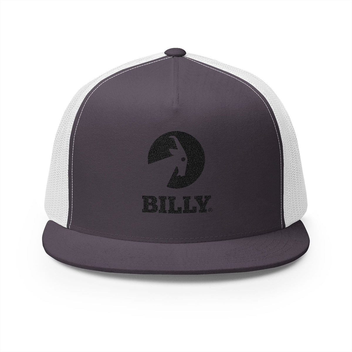 BILLY 5 Panel Flat Bill Trucker Cap (Black Vertical Logo - Embroidery) — AVAILABLE IN 10 COLORS