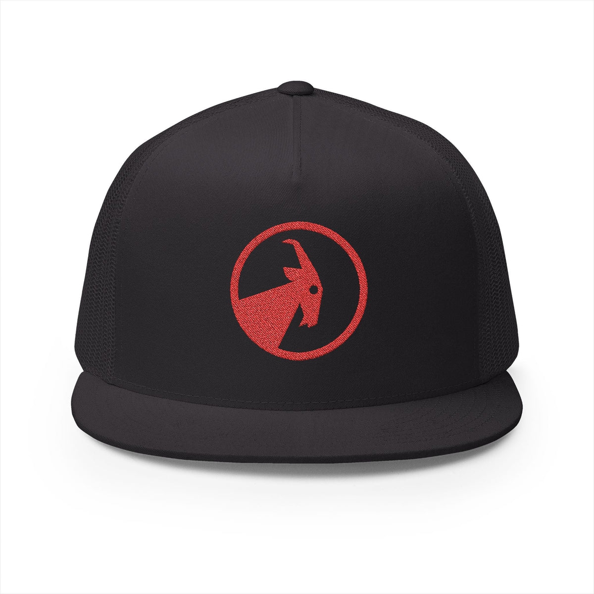 BILLY 5 Panel Flat Bill Trucker Cap (Red Goat - Embroidery) — AVAILABLE IN 13 COLORS
