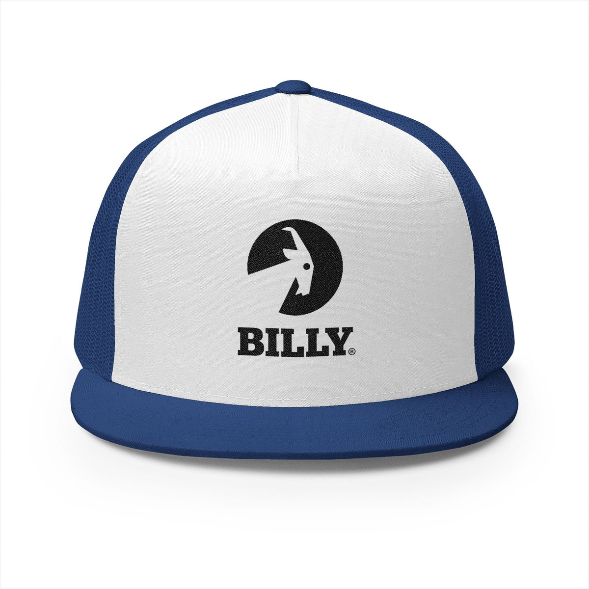 BILLY 5 Panel Flat Bill Trucker Cap (Black Vertical Logo - Embroidery) — AVAILABLE IN 10 COLORS