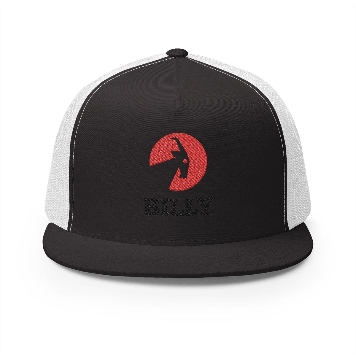 BILLY 5 Panel Flat Bill Trucker Cap (Red/Black Vertical Logo - Embroidery) — AVAILABLE IN 12 COLORS