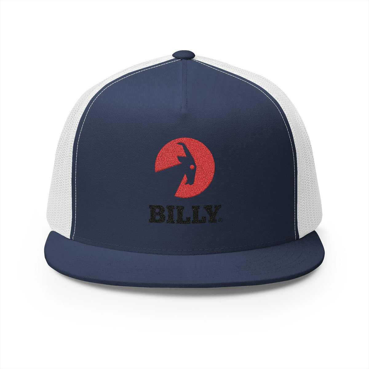 BILLY 5 Panel Flat Bill Trucker Cap (Red/Black Vertical Logo - Embroidery) — AVAILABLE IN 12 COLORS