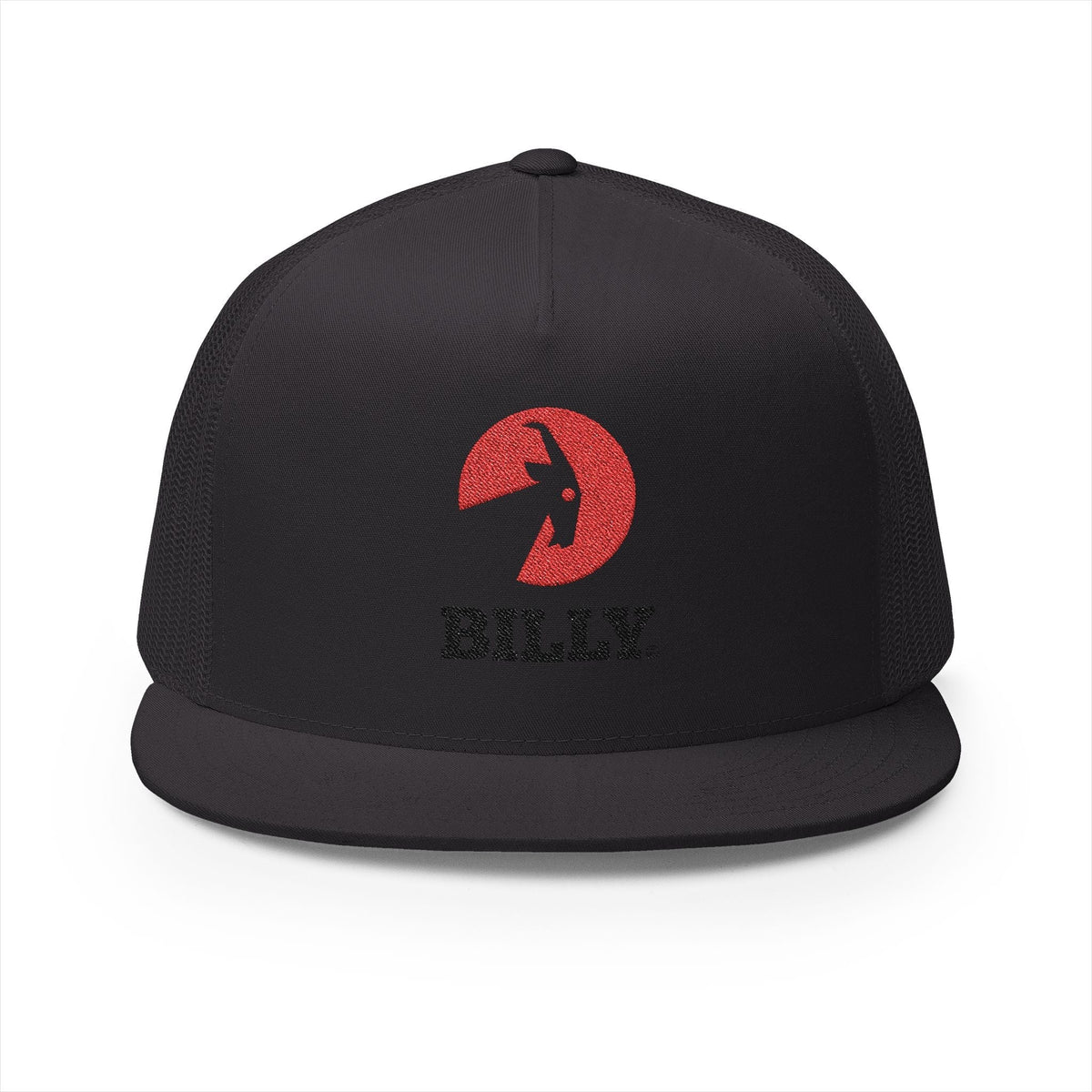 BILLY 5 Panel Flat Bill Trucker Cap (Red/Black Vertical Logo - Embroidery) — AVAILABLE IN 12 COLORS