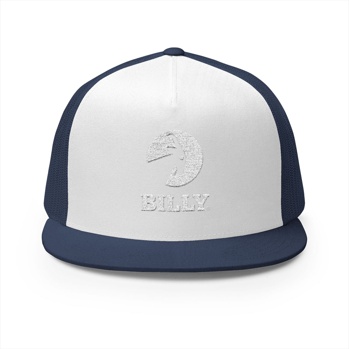 BILLY 5 Panel Flat Bill Trucker Cap (White Vertical Logo - Embroidery) — AVAILABLE IN 13 COLORS